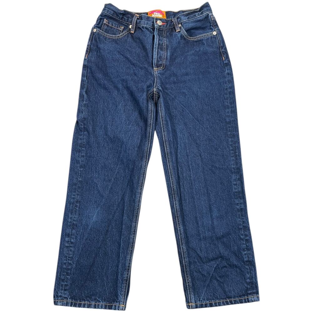 Hey Joanie High Rise Straight Leg Cropped Jeans Dark Wash Denim Button Fly - M